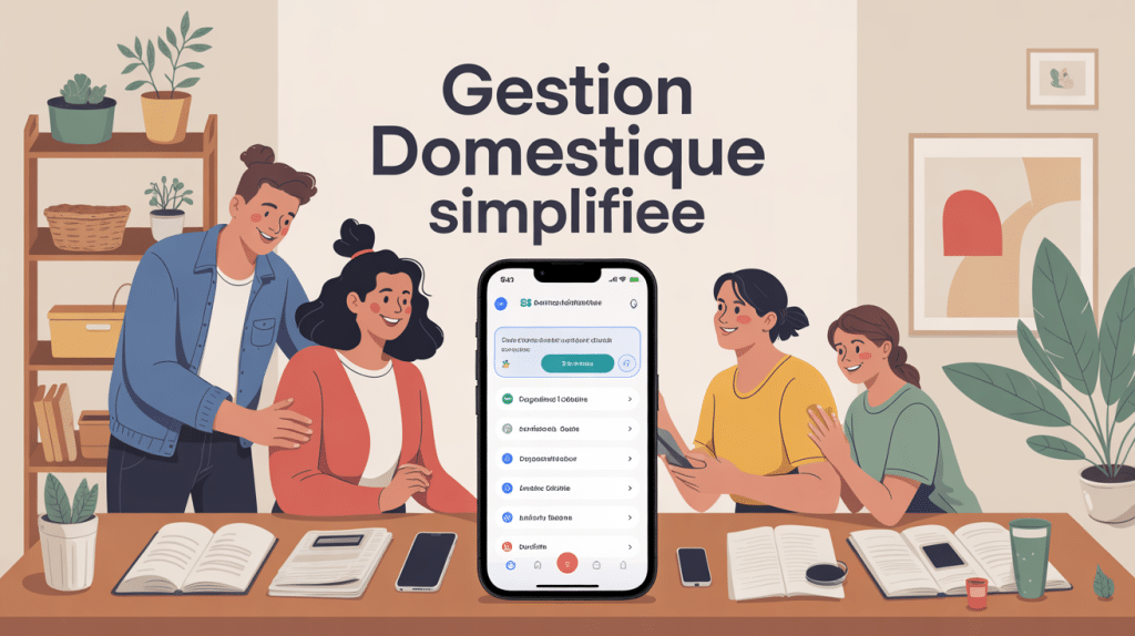 Illustration famille avec smartphone et interface Home Bubble