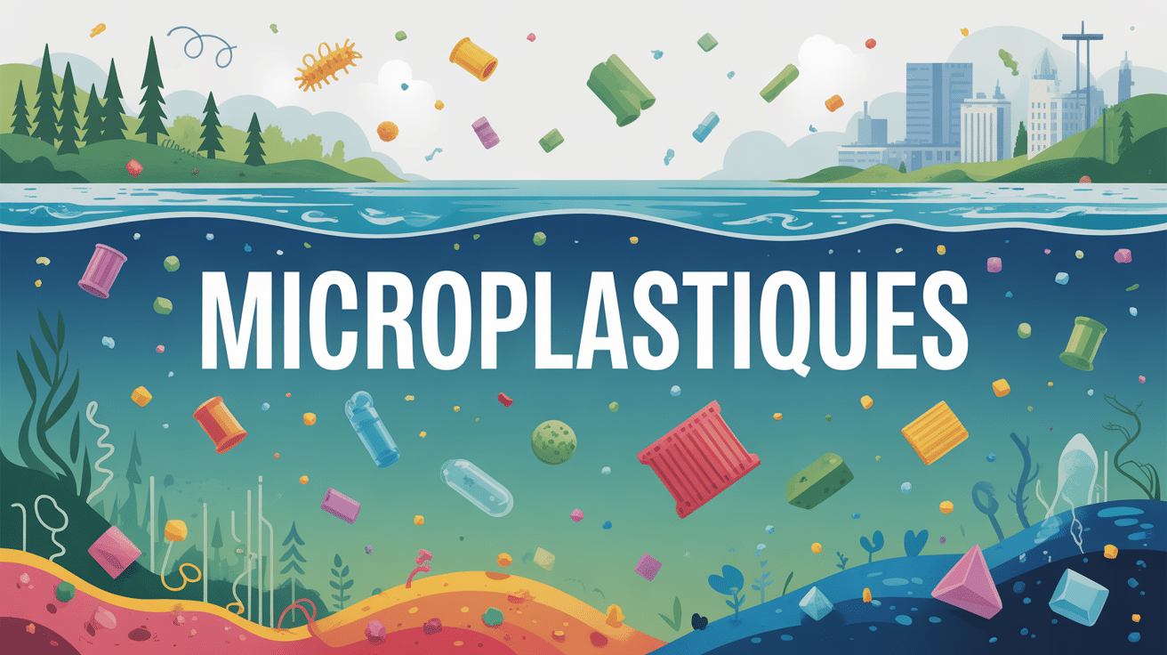 illustration microplastiques particules microscopiques air eau terre