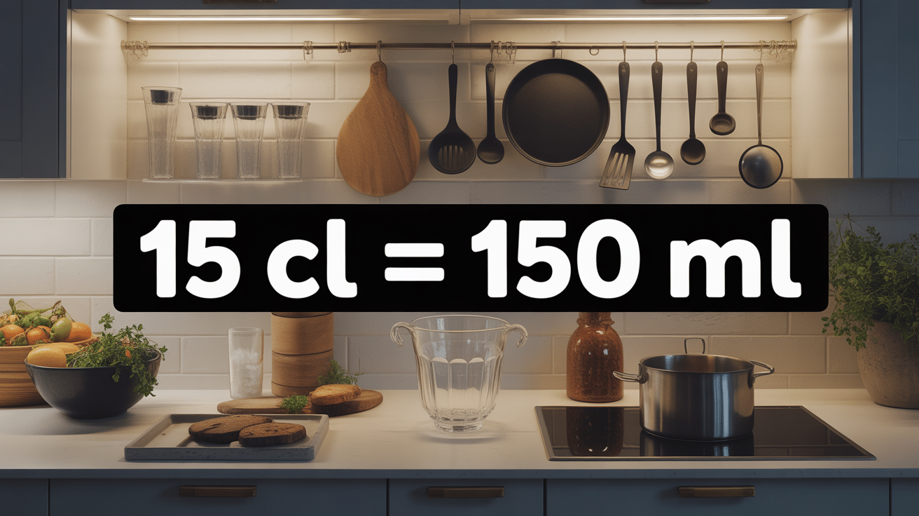 Cuisine moderne avec ustensiles de mesure, 15cl égale 150ml