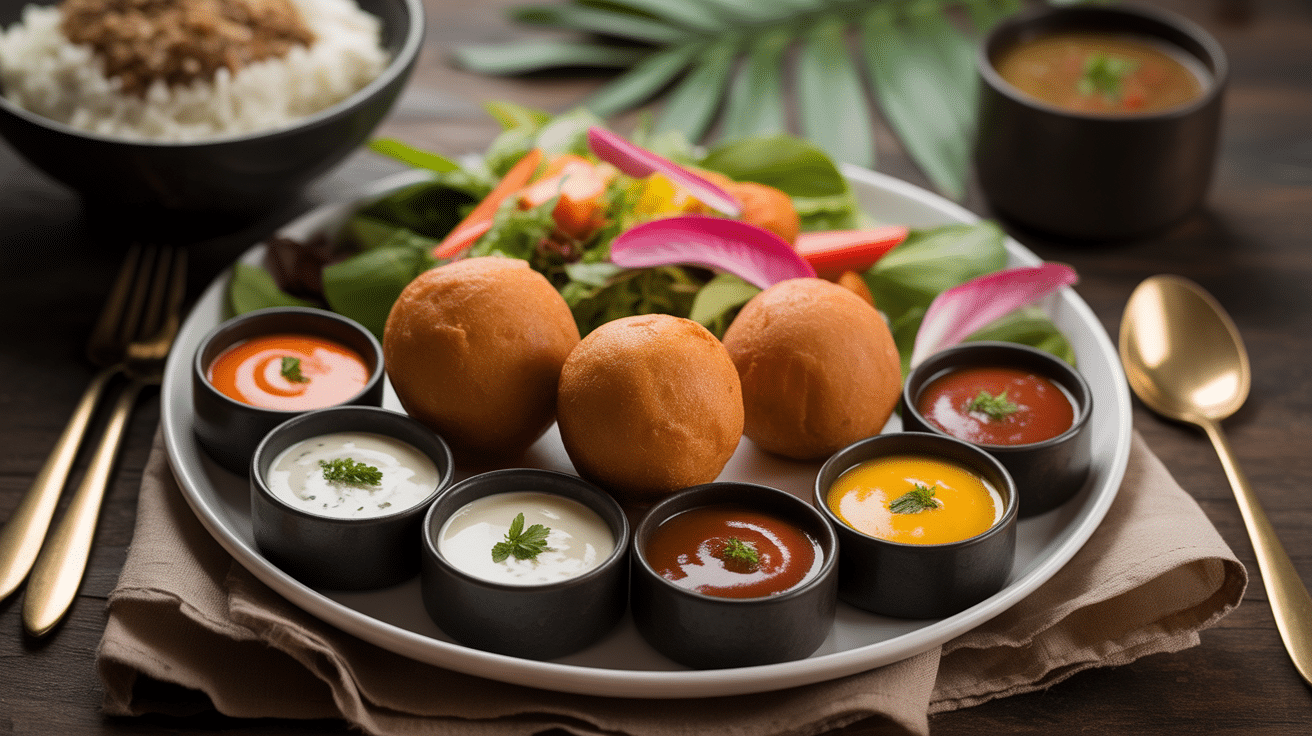 Accras de morue avec sauces et salades colorées