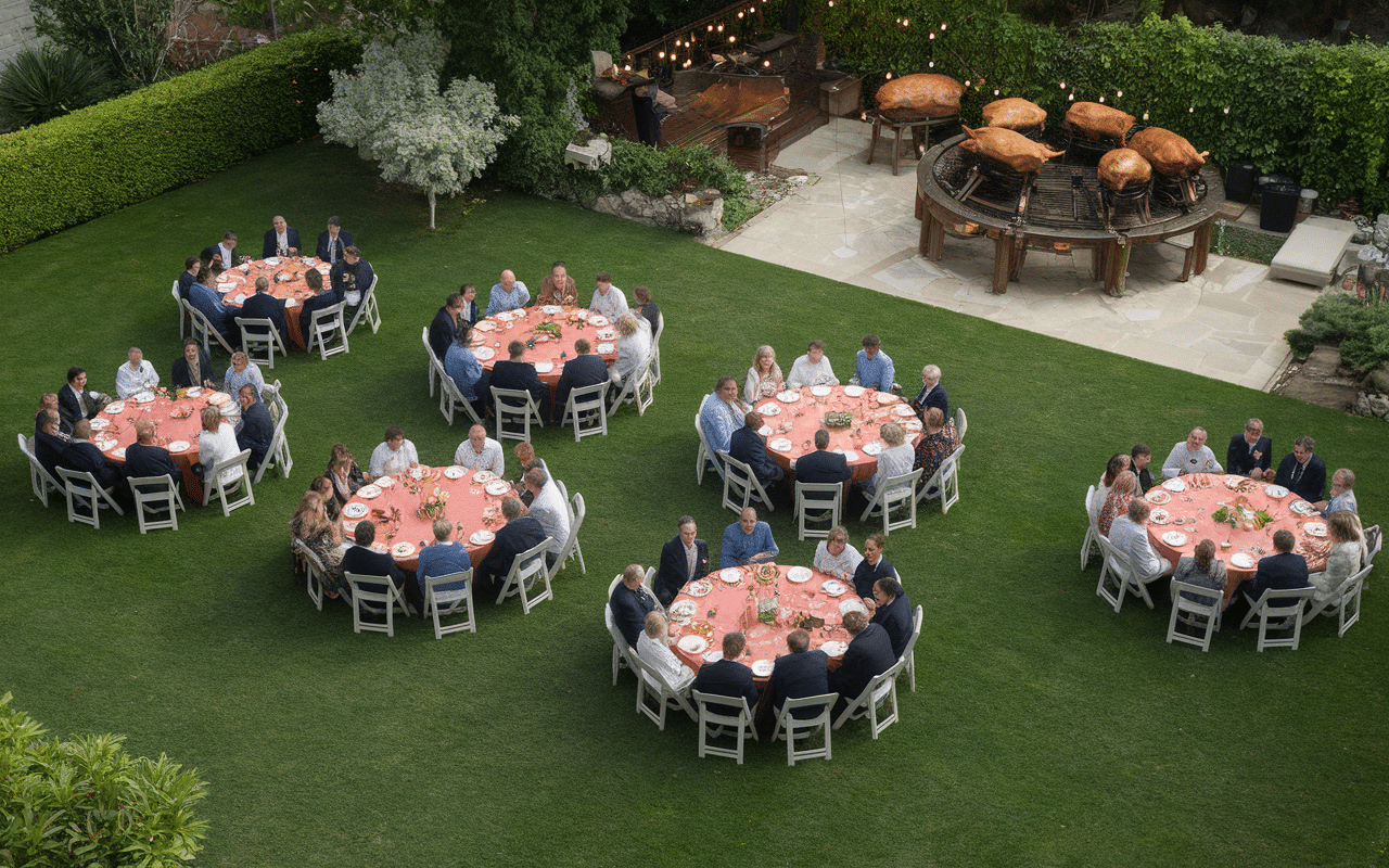 Groupes d'invités avec cochons grillés