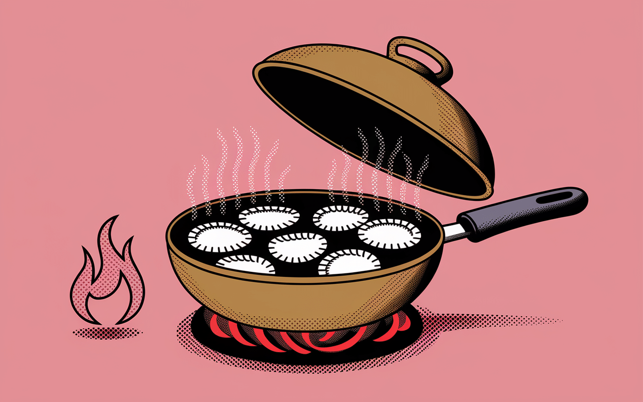 Gyozas en cuisson avec vapeur et grillade