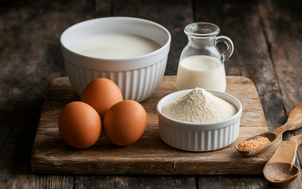 Ingrédients crème caramel sur plan de travail