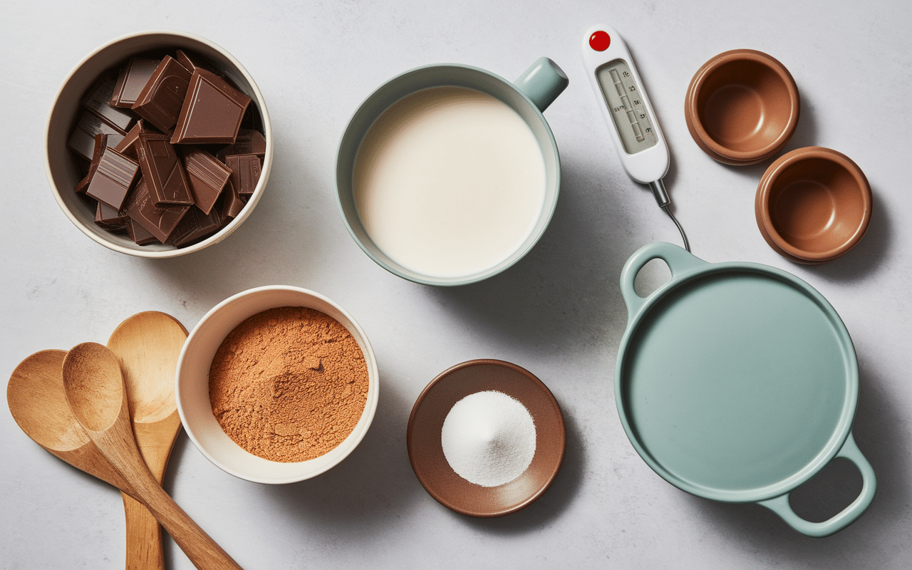 Ingrédients pour tablette de chocolat au lait maison avec ustensiles