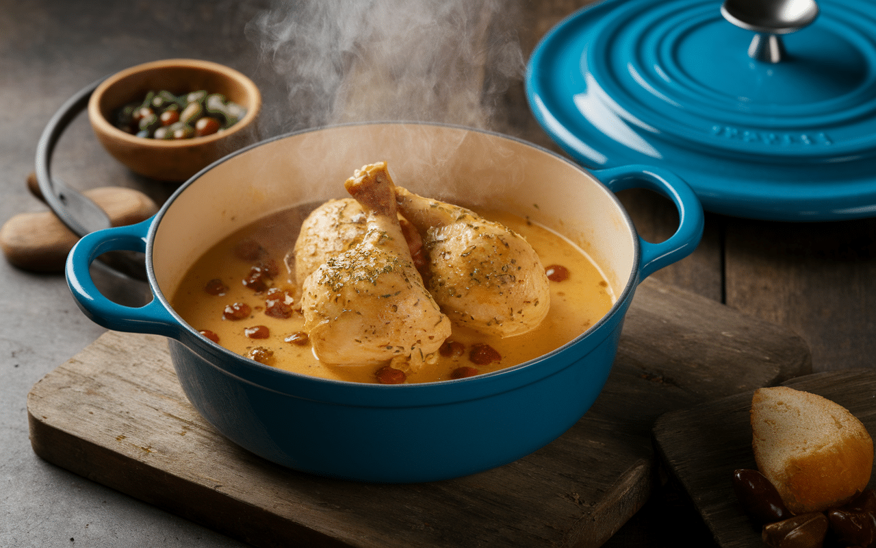 Morceaux de poulet dans sauce crémeuse avec morilles