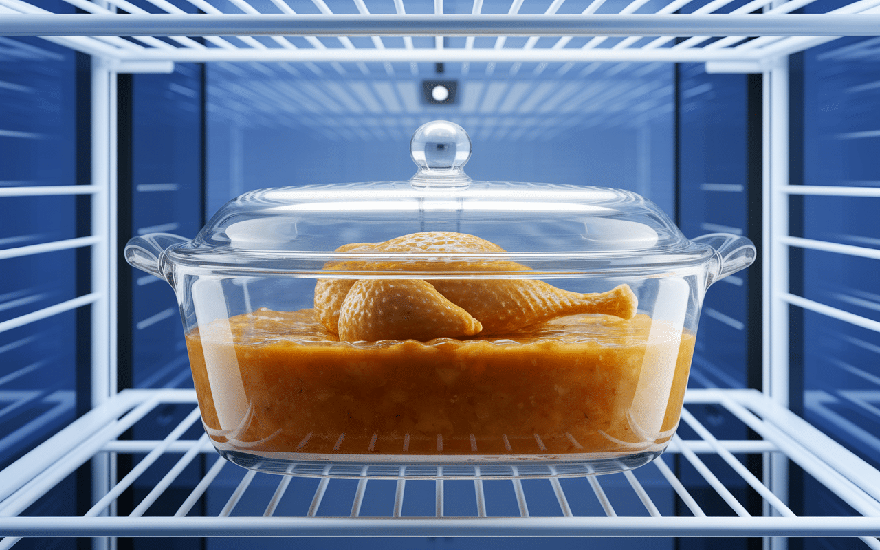 Poulet en sauce dans récipient hermétique en réfrigérateur