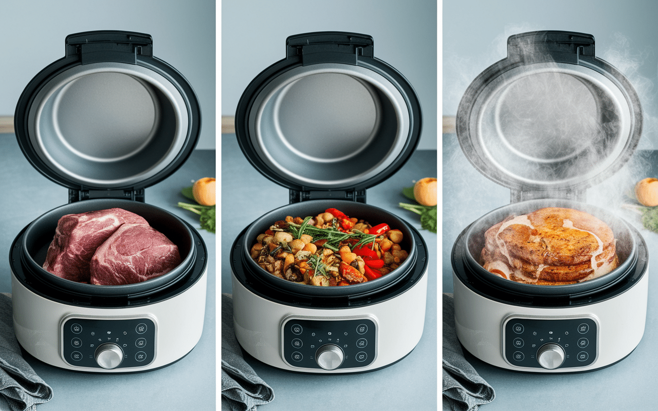 Étapes de préparation d'un rôti de porc au Cookeo