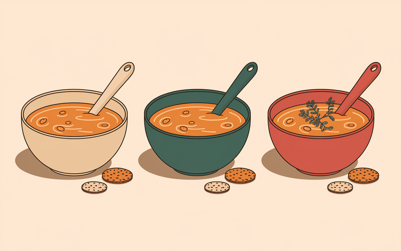 Trois bols de soupe avec différents niveaux de vermicelles et balance