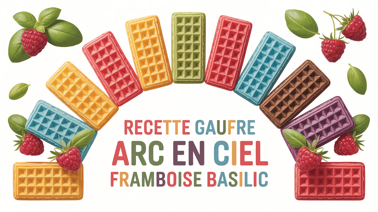 Gaufres arc en ciel avec framboises et basilic
