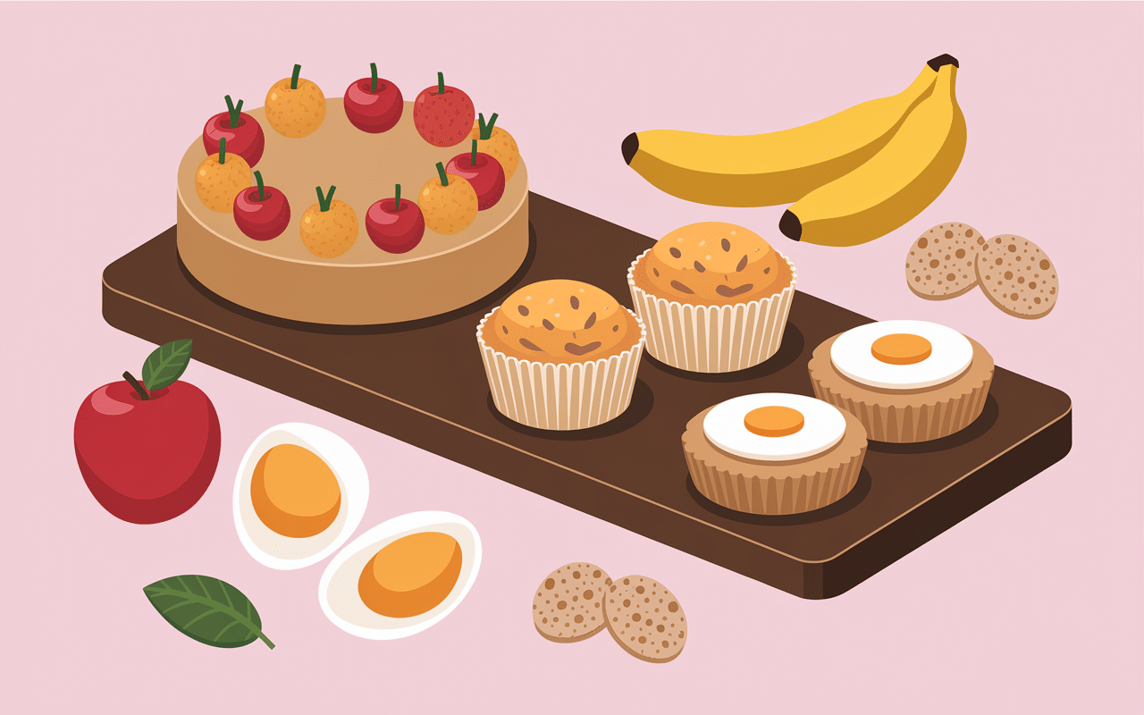 Trois petits gâteaux sans sucre sur planche en bois avec ingrédients