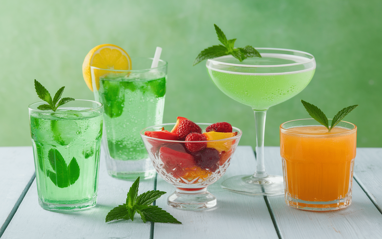 Verres de boissons diverses avec sirop de menthe maison