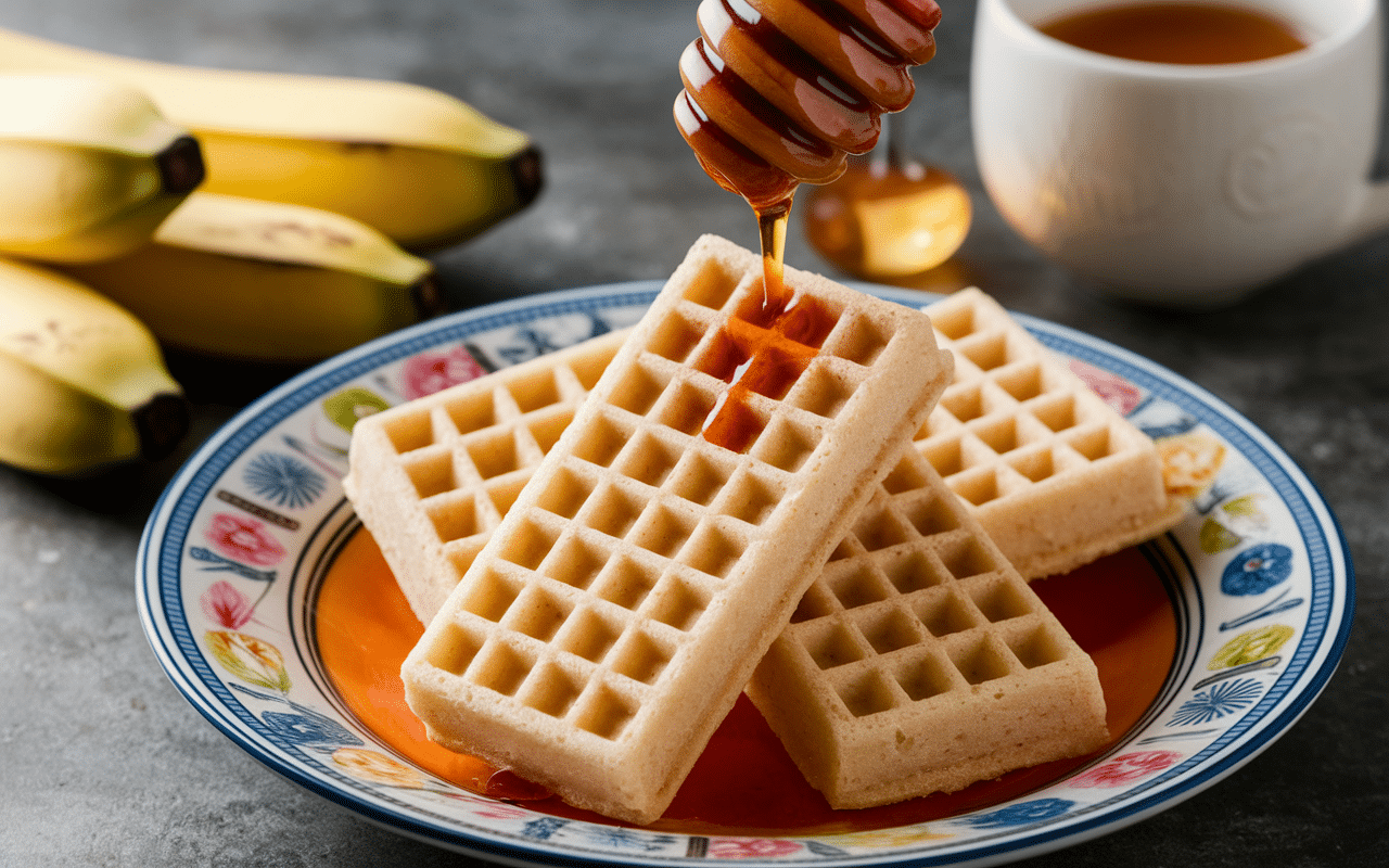 Gaufres bananes tranches miel sur assiette