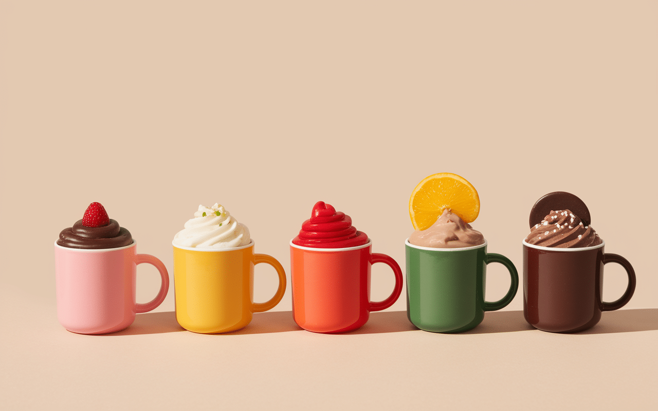 Différentes variantes de mugcake sans oeuf alignées