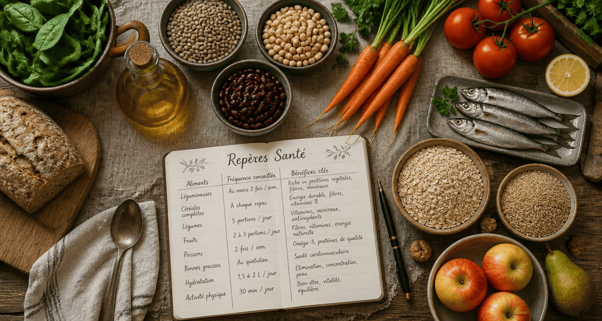 Aliments sains posés sur une table en bois