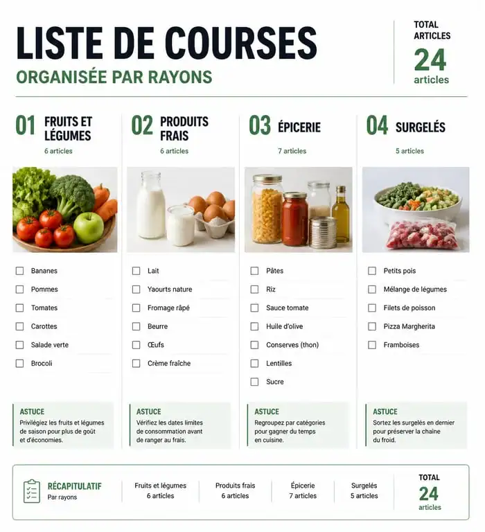 Infographie montrant l'organisation d'une liste de courses alimentaires par rayons pour gagner en efficacité