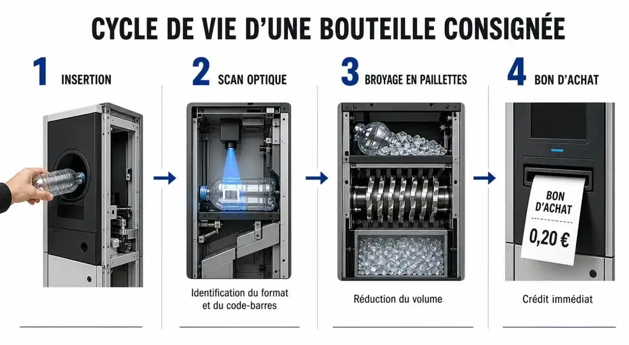 Schéma du fonctionnement de la consigne bouteille plastique en supermarché