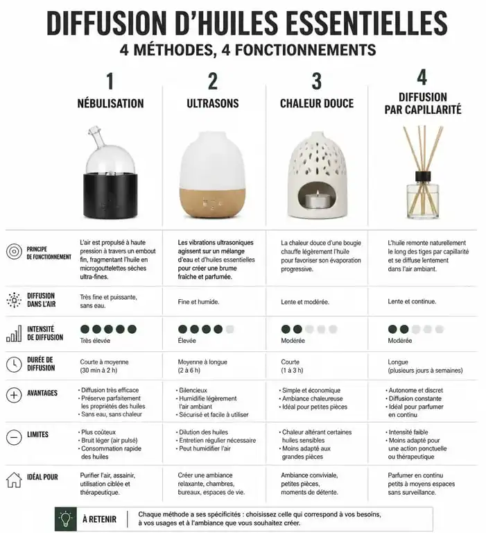 Infographie comparative des méthodes pour diffuser huile essentielle en toute sécurité