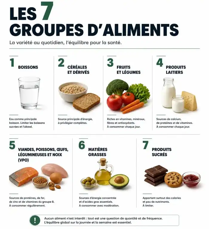 Infographie des 7 groupes d'aliments pour un équilibre nutritionnel optimal
