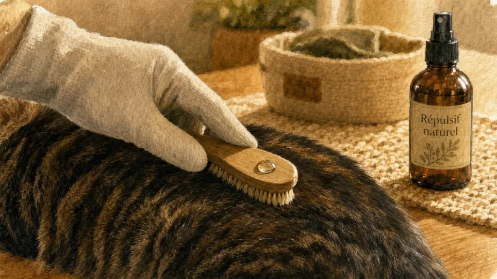 Anti-puce aux huiles essentielles pour chat : diluer, brosser et traiter la maison