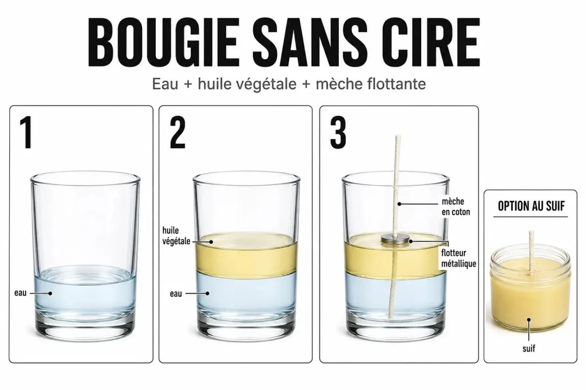 Comment faire une bougie sans cire : illustration des étapes avec huile végétale, mèche flottante et contenant en verre