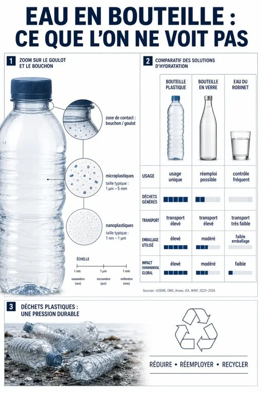 Eau bouteille plastique : comparaison visuelle entre microplastiques, eau du robinet et contenants en verre