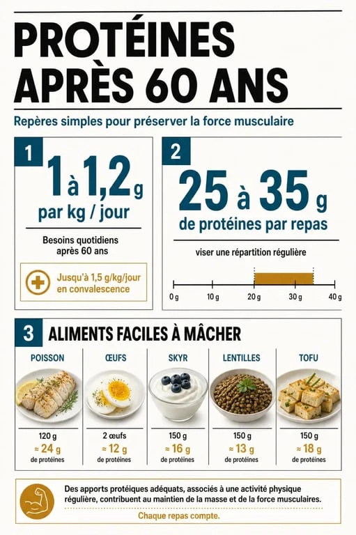 Aliments riches en protéines pour personnes âgées : composition visuelle sur les besoins quotidiens et les portions repères