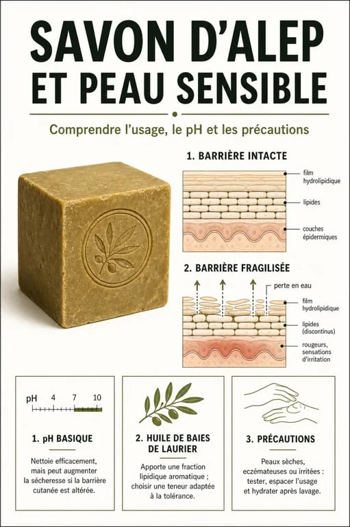 Savon d'Alep avis dermatologue : schéma du pH basique et de la barrière cutanée selon le type de peau