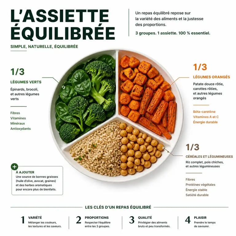 Assiette équilibrée respectant la règle des 3 couleurs pour manger sain au quotidien