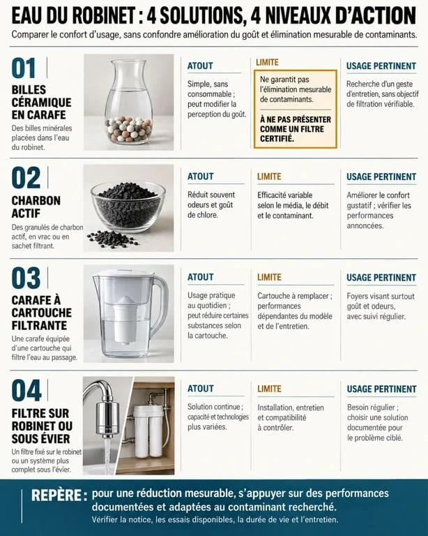 Infographie comparant les billes de céramique pour carafe, le charbon actif et les filtres à eau