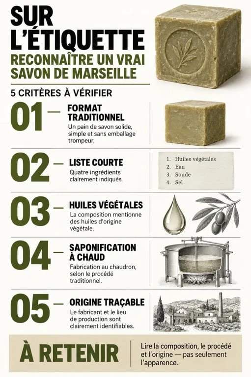 Infographie pour savoir où trouver du vrai savon de Marseille et reconnaître ses critères d’authenticité