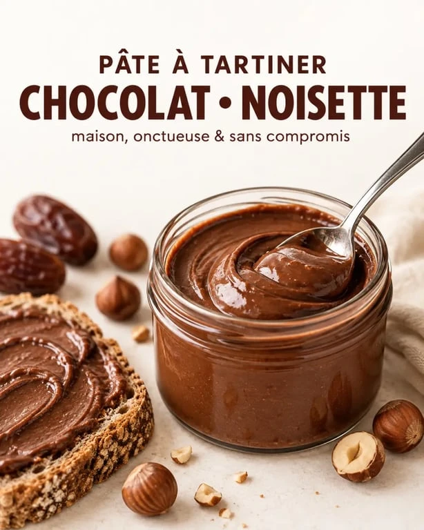 Pâte à tartiner healthy chocolat-noisette maison dans un pot en verre