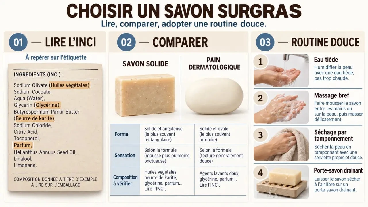 Meilleur savon surgras : critères de choix, lecture de la composition et routine de lavage douce