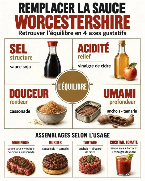 Infographie pour savoir par quoi remplacer la sauce Worcestershire selon les saveurs et les plats
