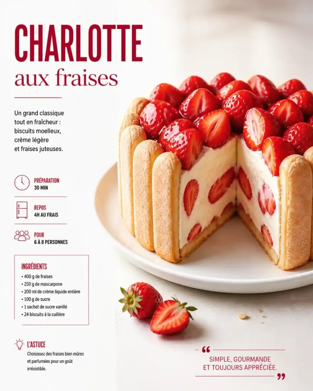 Réussir une charlotte aux fraises maison inratable, charlotte démoulée et coupée pour montrer la tenue des couches