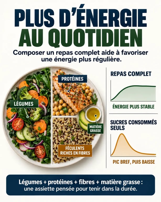 Infographie sur comment mieux manger pour avoir plus d’énergie au quotidien avec une assiette équilibrée